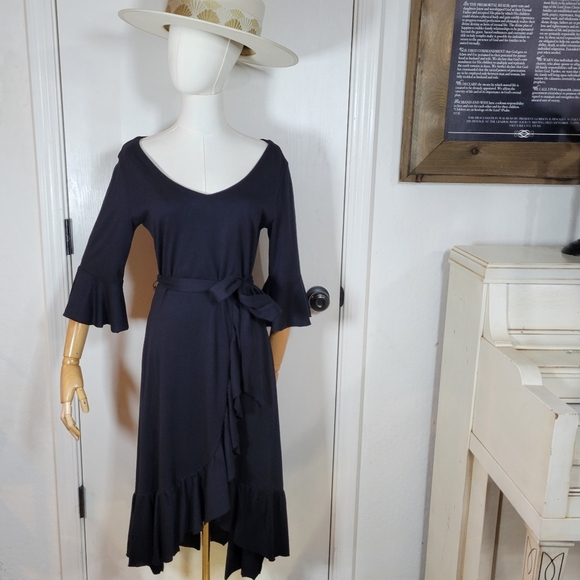 Soft Surroundings Black V-Neck Tie Waist Ruffle Hem Midi Dress XSP - Picture 1 of 11